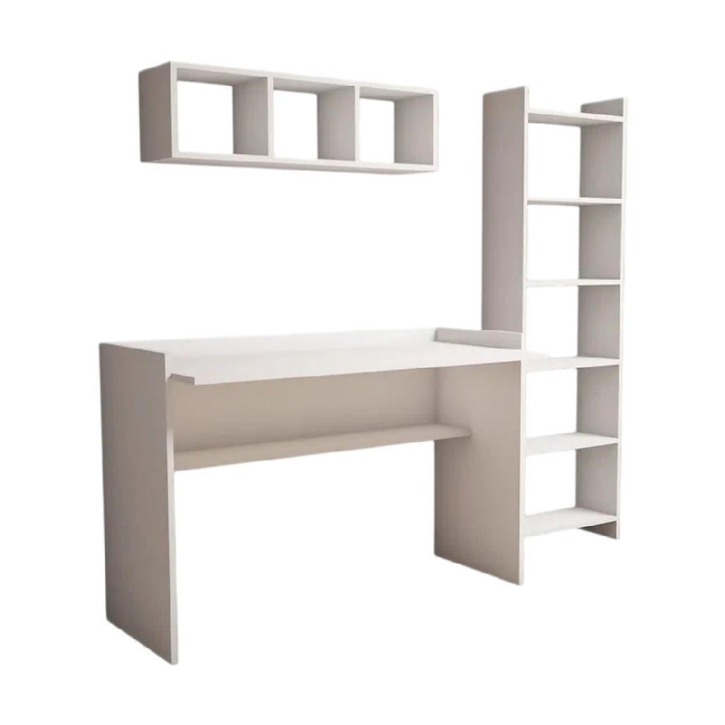 **Titre technique : Bureau moderne avec étagères intégrées en blanc**
