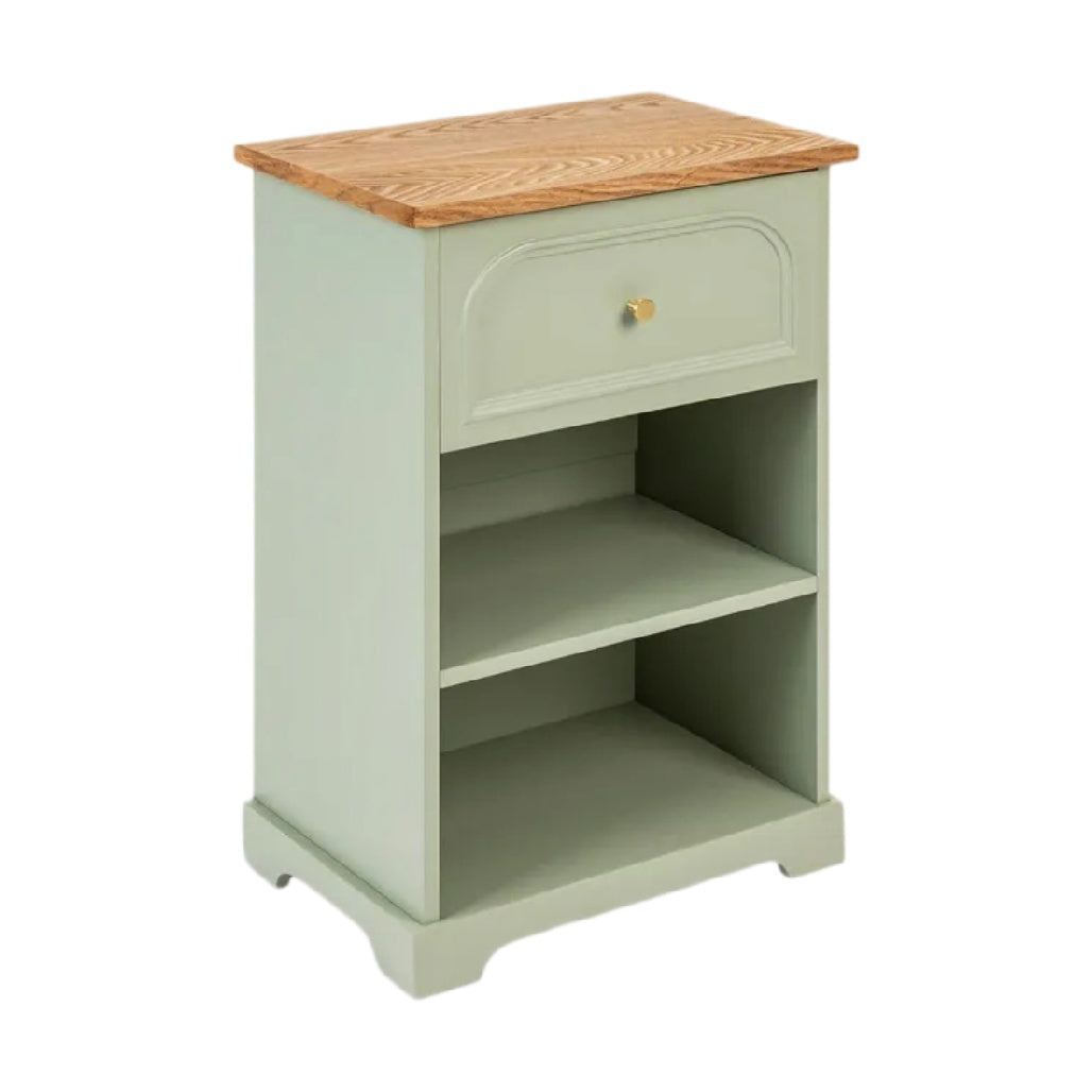 **Table de chevet en bois avec tiroir et étagères, finition verte**