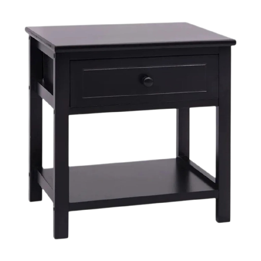 **Table de chevet en bois noir avec tiroir et étagère**