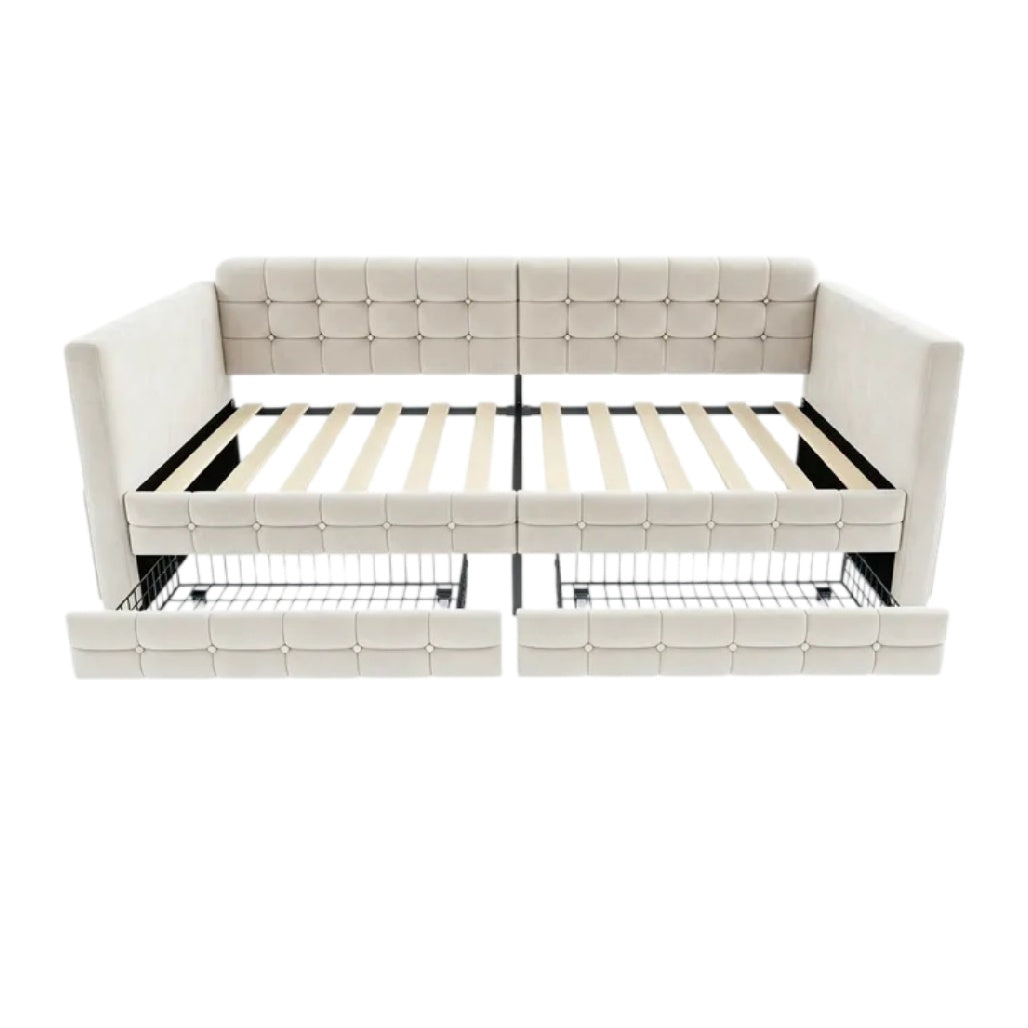 **Canapé-lit convertible avec rangement intégré en tissu clair**